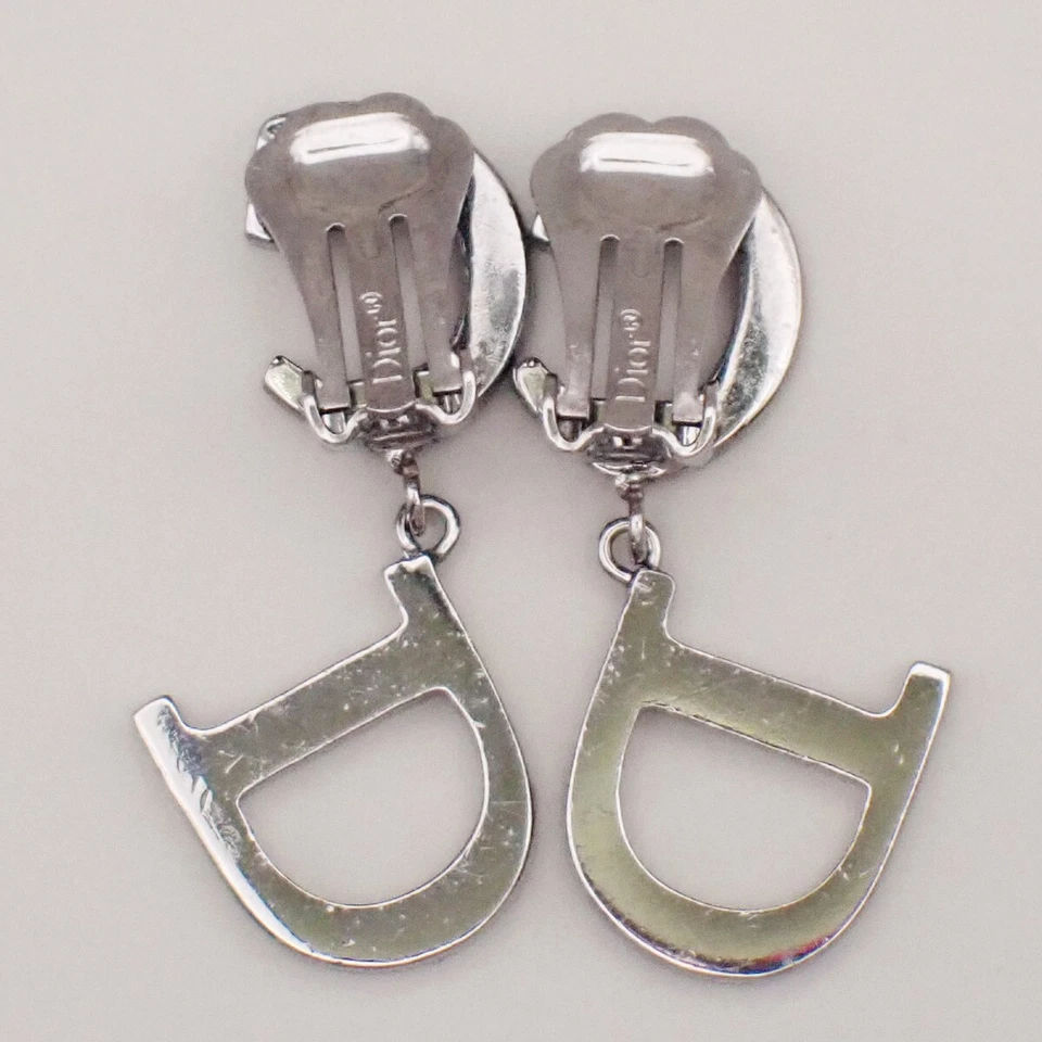 CHRISTIAN DIOR CD Logo Rhinestone Drop Earrings Clip-On Silver Accesory 05YH196 - Image 4 of 4