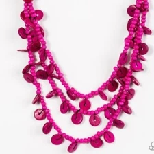 Retro Pink Wooden Disc Beaded Multi Strand Necklace 80s 90s Fashion Jewelry