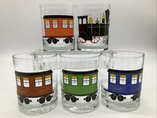 Vtg CERA &ldquo;All Aboard&rdquo; MCM Train Locomotive Lowball Glasses Tumblers Bar Set of 5