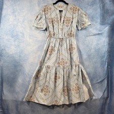 Loft Petites Light Blue Floral Tile Print Tiered Midi Dress XSP Short Puff Sleev