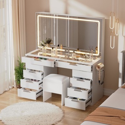 46 in Large Vanity Desk with Mirror and and Power Outlet, LED Lighted Vanity Set