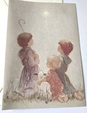 Tarjeta de Navidad de colección pastor niño corderos lindos niños buscando estrellas