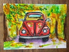 ACEO Pen and Wash Original Watercolor Art Card Red VW Beetle, Volkswagen