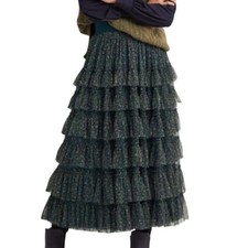 Boden Womens Ruffle Tulle Tiered Midi Skirt Green Floral Size 4 Mesh Boho Fairy