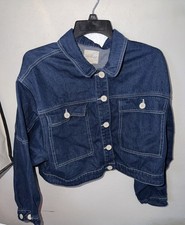 Denim Women  s Dark Wash Oversized Cropped Button Down Jacket Size Large