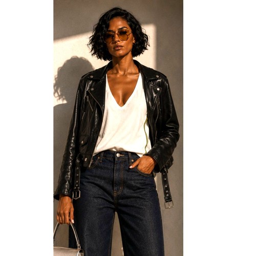 ZARA Faux Leather Asymmetric Moto Biker Jacket Silver Hardware Black