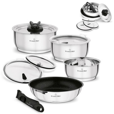 STARKE PRO SOLVE SET AUS TÖPFEN, PFANNE, DECKEL UND ABNEHMBAREM GRIFF 9-TEILIG, KOCHGESCHIRRSET