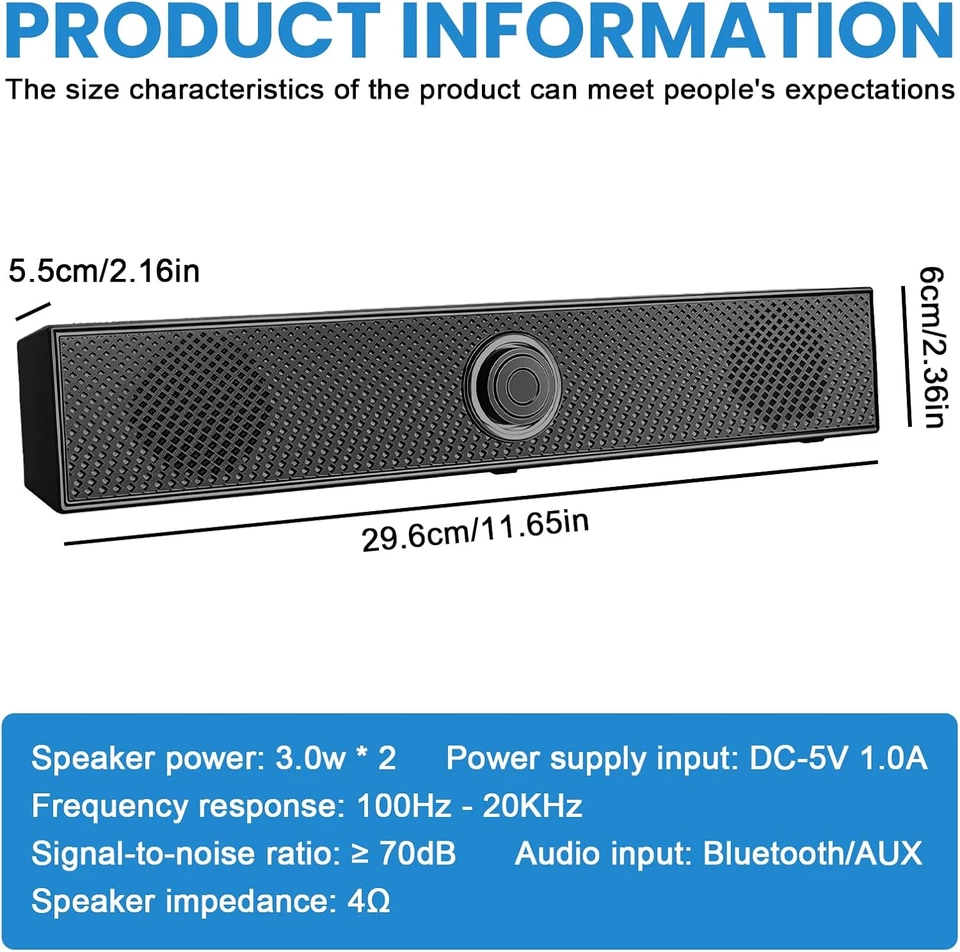 Computer Soundbar: PC Altoparlante 2.0 Con Cavo AUX 3.5 Mm, Altoparlante per Pc, - Immagine 2 di 4