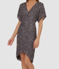 Adrianna Papell Women Gray Beaded Asymmetrical Short-Sleeve Sheath Dress Size 8