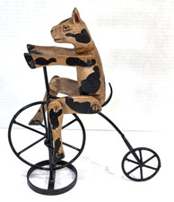 Vintage Wooden Folk Art Jointed Cow Riding a Bicycle - Steampunk - Primitive