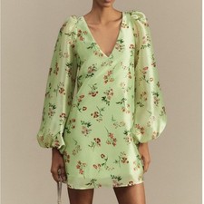 BHLDN Puff Sleeve Green Floral Mini Dress Sz S Cottagecore Wedding Guest Garden