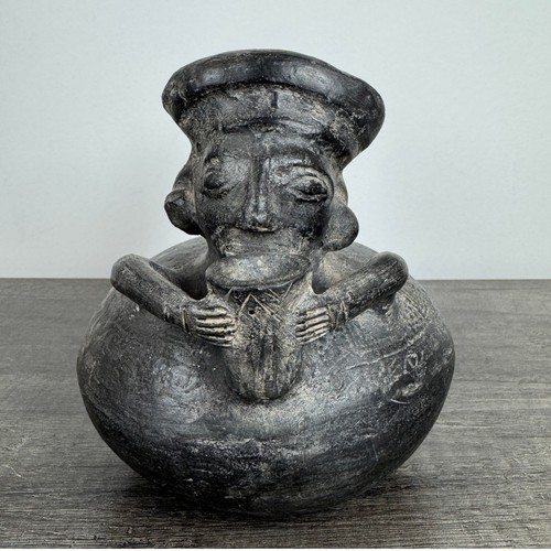 Antique Pre-Columbian Chimu Blackware Pottery Figural Stirrup Spout Vessel Man