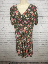 LOFT Olive Green Floral Viscose V Neck Short Sleeve Lined Midi Dress 10
