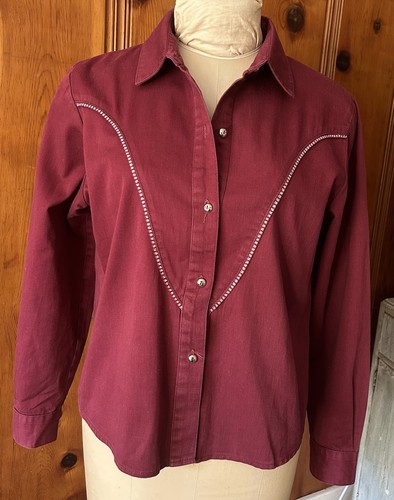 Vintage Banjo Dallas Tx Western Wear Women’s Button Down Burgundy Top Sz Large - Picture 2 of 10