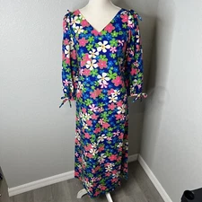70s Hawaiian Fashions Sears Maxi Dress Cutout Sleeve Size 5 Pink Green Florals