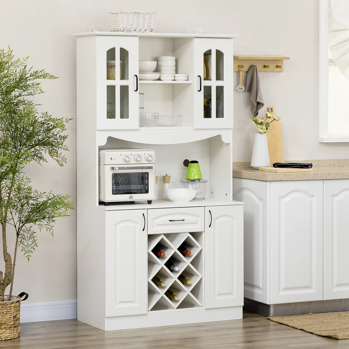 HOMCOM 73 Kitchen Pantry, Buffet with Hutch, Cupboard for Microwave, with 4 Door Cabinets, and 6-Bottle Wine Rack - White