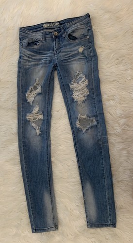 Vaqueros ajustados a máquina talla 5 denim azul rasgado en dificultades - Imagen 12 de 13