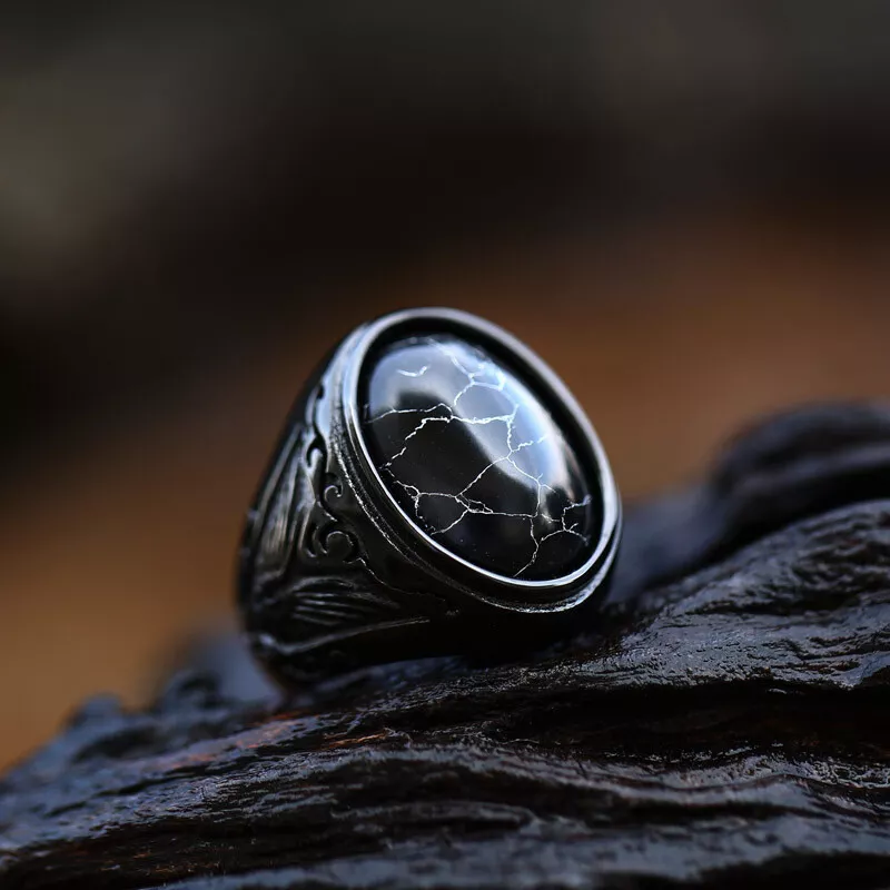 Vintage Black Turquoise Stone Wedding Ring Stainless Steel Classic