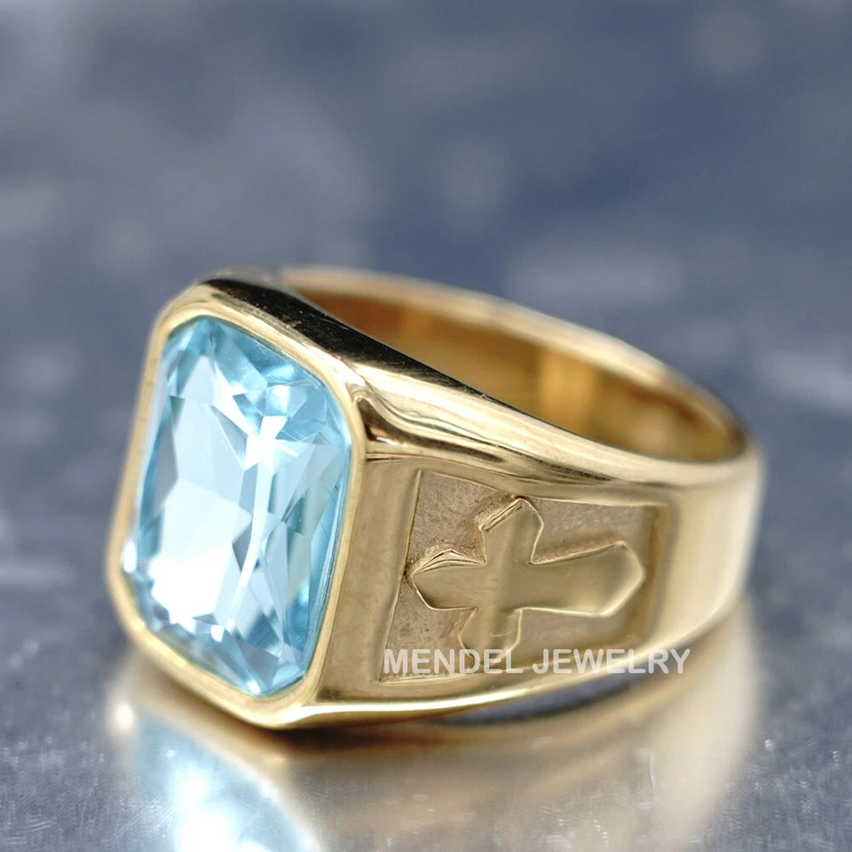 Anillo de piedra aguamarina azul cruz chapado en oro MENDEL para hombre acero S talla 7-15 Foto 3 de 4