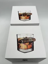 Cigar Whiskey Glasses Set of 2 Old Fashioned Glass with Side Mounted Holder NIB
