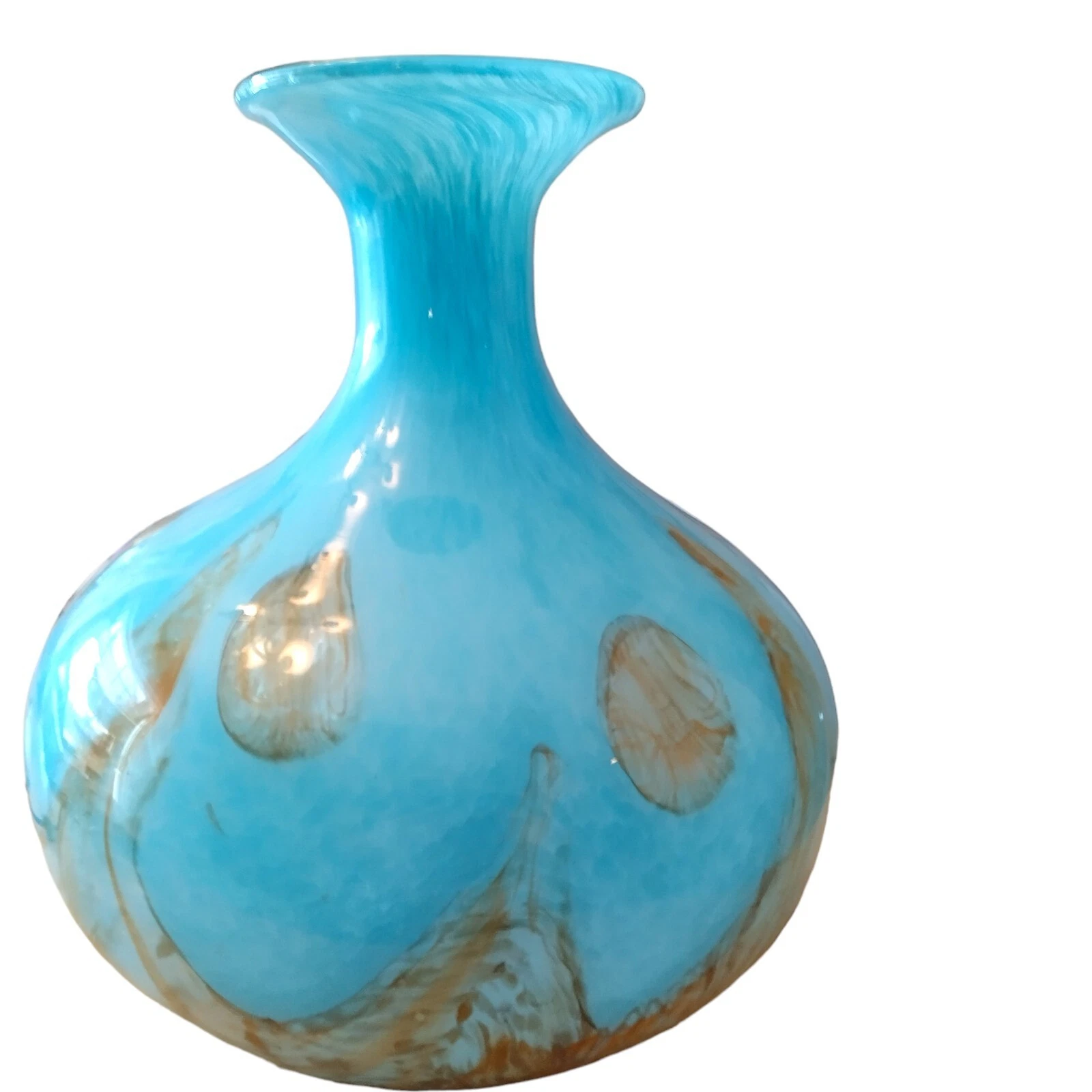 VINTAGE COLORFUL GLASS 12" H 10" W VASE WITH AQUA AND TAN READYFOR YOUR HOME