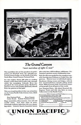 Vintage print ad 1928 Train Union Pacific Overland Route The Grand Canyon art ad
