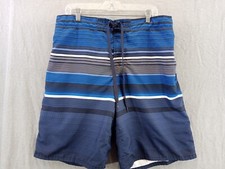 OP swim trunks Men Large blue striped Draw String elastic waist Board Shorts