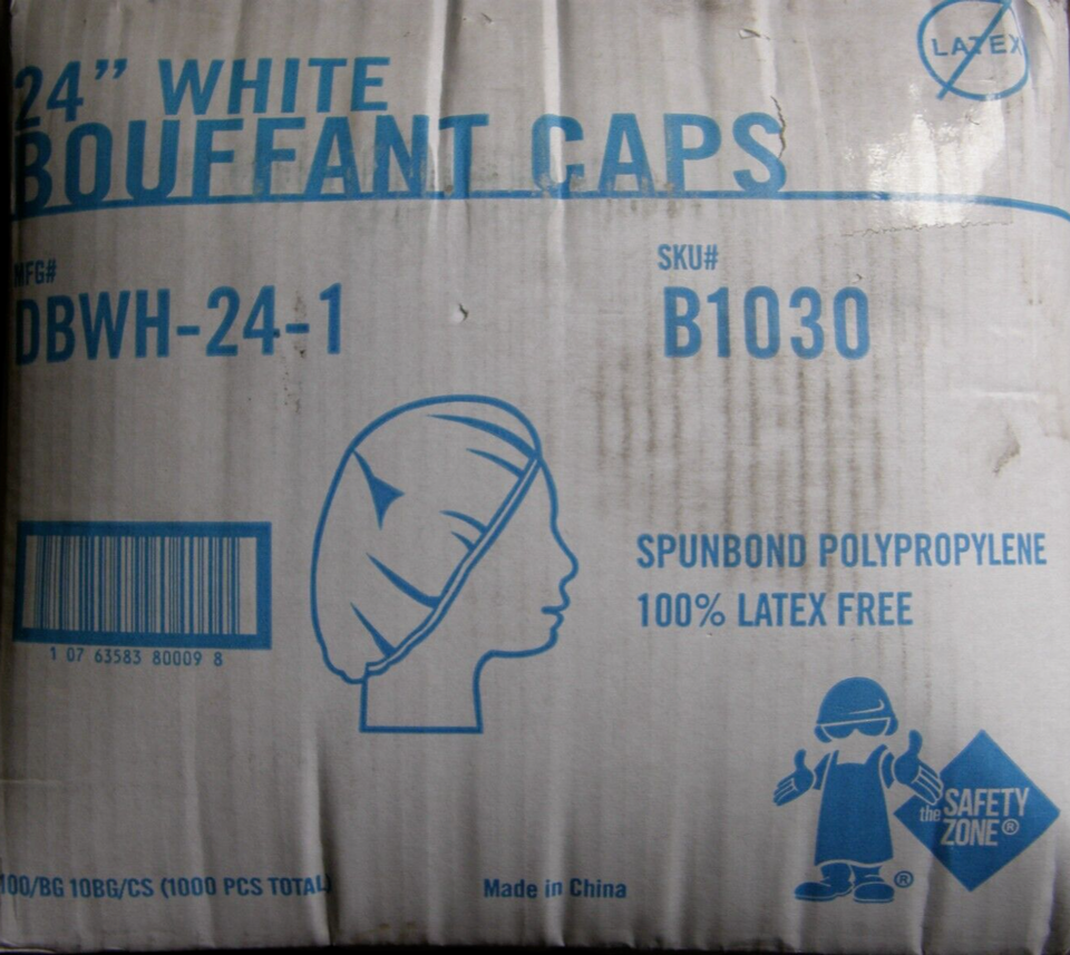 THE SAFETY ZONE 24" Bouffant Cap White 1000 pieces each box Latex free