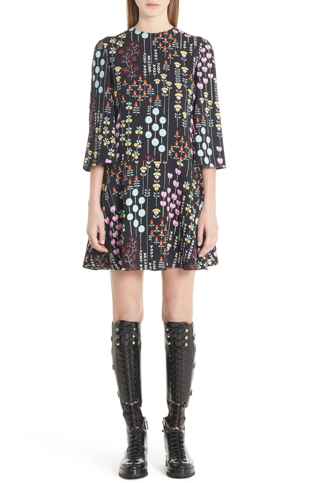 Valentino — VALENTINO Black Floral Print 3/4 Bell Sleeve Italian Stretch Cocktail Dress 10 M