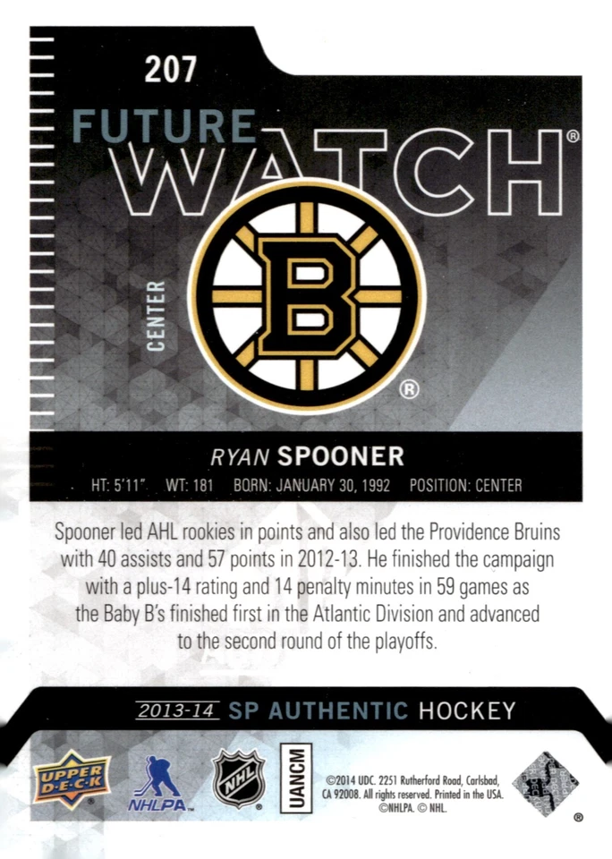 Ryan Spooner - 2013-14 SP Authentic Future Watch /1299 Rookie Card #207 - Image 2 of 2