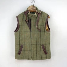 Holland Cooper Tweed Gilet Mens Small Green Check Leather Trim Country Vest