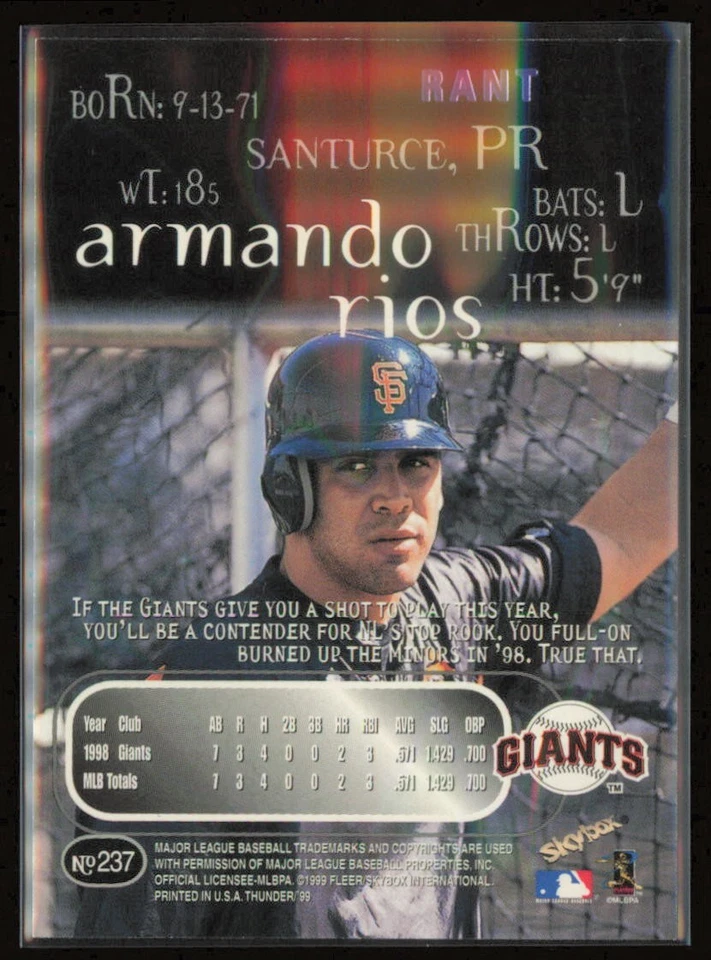 ARMANDO RIOS 1999 Skybox Thunder RANT PARALLEL #237 - GIANTS - Image 2 of 2