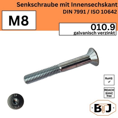 M8 DIN 7991 10.9 Senkschraube m. Innensechskant Senkkopfschrauben gal. verzinkt