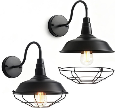 Gooseneck Barn Lights with Cage for Outdoor, 2-Pack Farmhouse Exterior Wall Scon