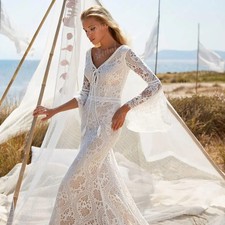 Vintage Full Lace Mermaid Boho Long Sleeve V Neck Wedding Dresses Bridal Gown