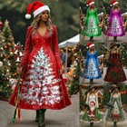Women Christmas Long Sleeve V Neck XMAS PRINTED Party Maxi Fancy Dress PLUS SIZE