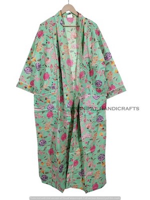 Floral 3/4 Sleeves Hippie Mint Green 100% Cotton Lightweight Women Kimono Robe