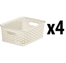 4 x Curver Plastic Storage Basket Cream Rattan Effect Medium Rectangular Tub Box