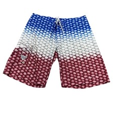 Columbia PFG Board Shorts Mens 38 Red Blue White Scales Omni-Shield Swim Trunks