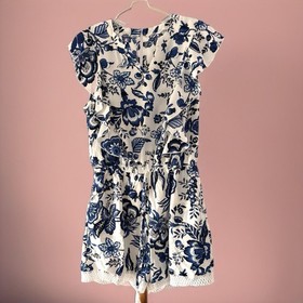 CUPSHE Women&rsquo;s Floral Print Ruffled Tassel Tie Romper Blue White Beachy Sz M NWT