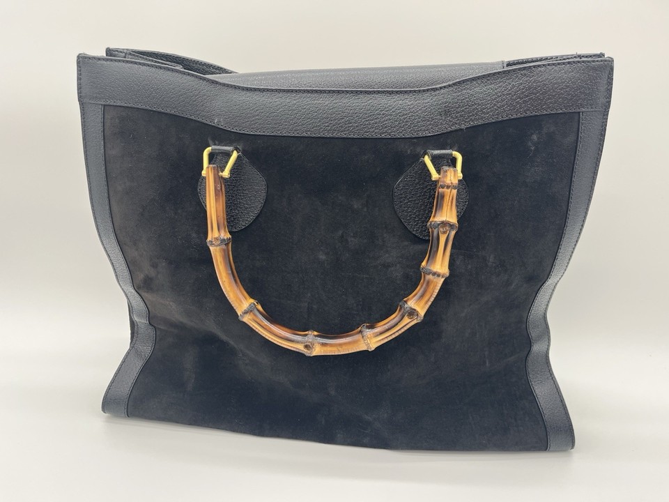 1990s Gucci Diana Black Suede Bamboo Handle Tote Bag Large Vintage Luxury Purse