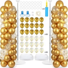 2 Sets Metallic Gold Balloon Column Stand Kit with 100 Balloons Adjustable Ba...
