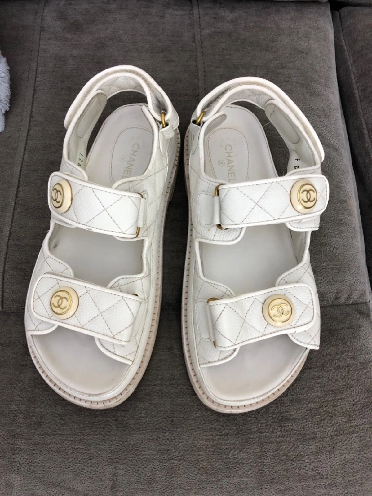 Chanel — CHANEL Quilted White CC Button Logo Dad Sandals 38