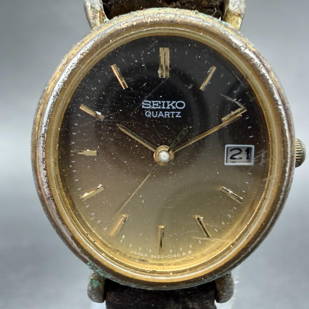 Seiko Watch Women 24mm Brown Dial Gold Tone Date Oval 3422-5040