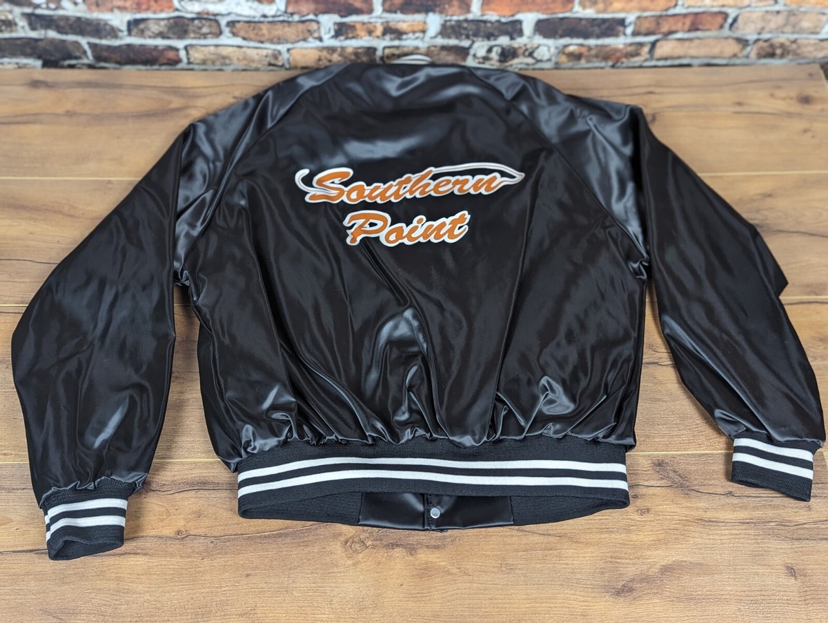 Vintage 90s Varsity Satin Bomber Jacket XL Black Southern Point 