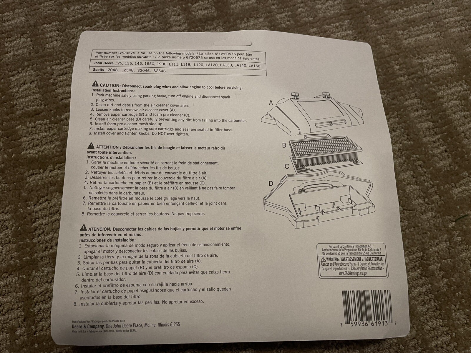New JOHN DEERE OEM AIR FILTER KIT GY20575 125 135 145 155C 190C L111