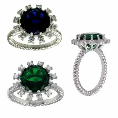 Argent Sterling Corde Motif Bague Fleur W/Transparent & Bleu Ou Vert Cz Pierres - Photo 1/2