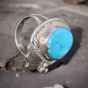 925 J.Morris Stamped: Vintage; Navajo 13x20mm-Oval Turquoise Silver Ring Size 6