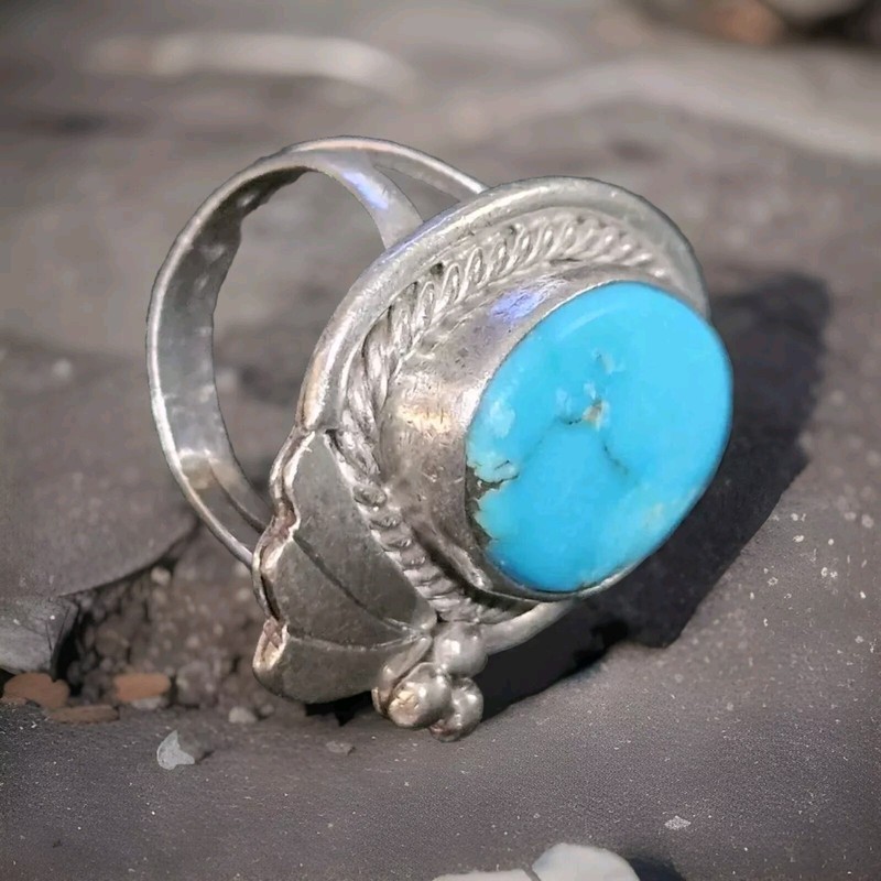 925 J.Morris Stamped: Vintage; Navajo 13x20mm-Oval Turquoise Silver Ring Size 6