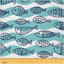 Kawaii Ocean Life Cartoon Fishes Fabric - Mint Green & Whit